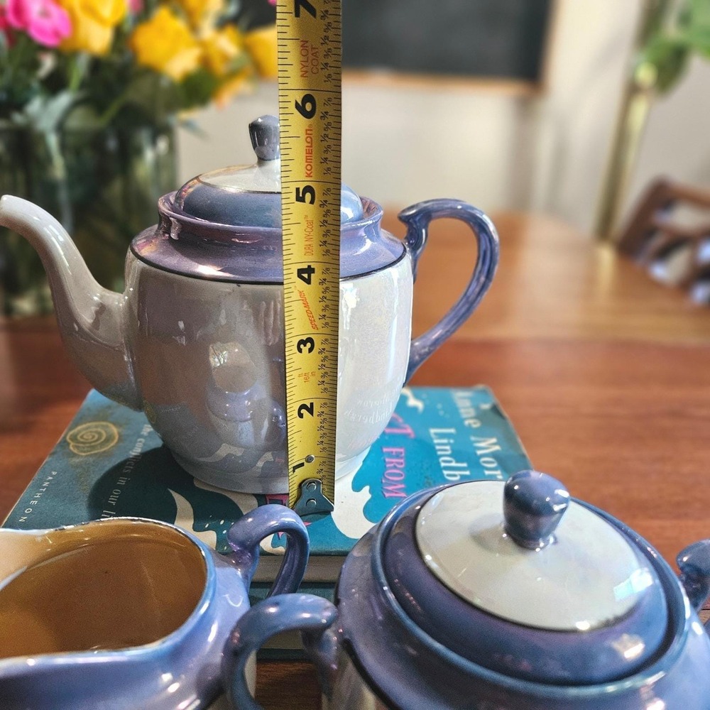 Japanese Blue Lusterware Tea Set Teapot Sugar Creamer 3 Pc Iridescent Vtg - Picture 4 of 9